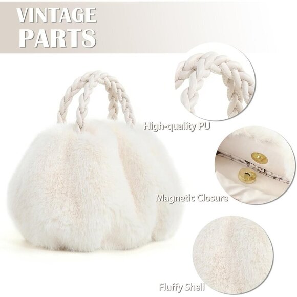 ✨ Fur Story  Faux Fur Fuzzy Women White Plush Tote Big Capacity Girls Handbag - Picture 2 of 5